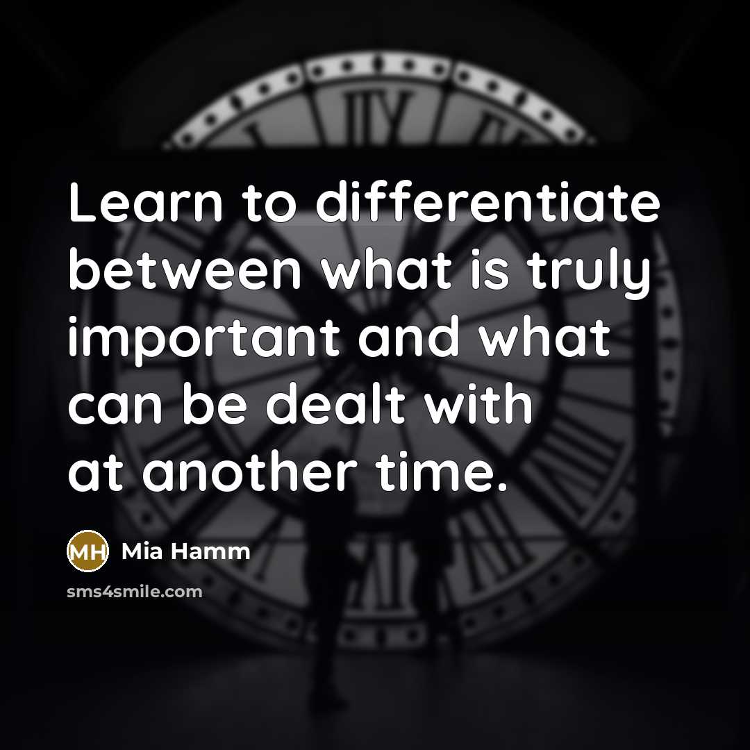 “Learn to differentiate between what is truly important and what can be dealt with at another time.” quote by Mia Hamm