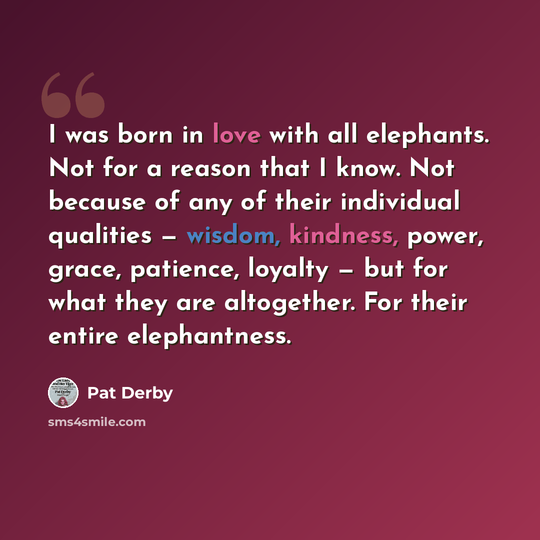 “I was born in love with all elephants. Not for a reason that I know. Not because of any of their individual qualities — wisdom, kindness, power, grace, patience, loyalty — but for what they are altogether. For their entire elephantness.” quote by Pat Derby