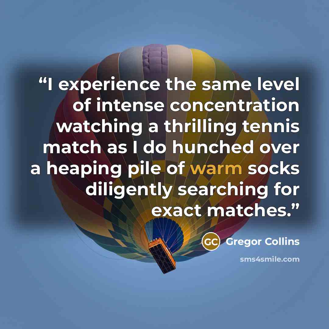 “I experience the same level of intense concentration watching a thrilling tennis match as I do hunched over a heaping pile of warm socks diligently searching for exact matches.” quote by Gregor Collins