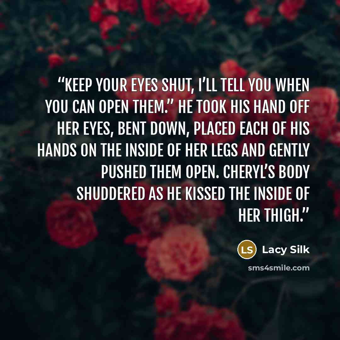 “Keep your eyes shut, I’ll tell you when you can open them.” He took his hand off her eyes, bent down, placed each of his hands on the inside of her legs and gently pushed them open. Cheryl’s body shuddered as he kissed the inside of her thigh.” quote by Lacy Silk