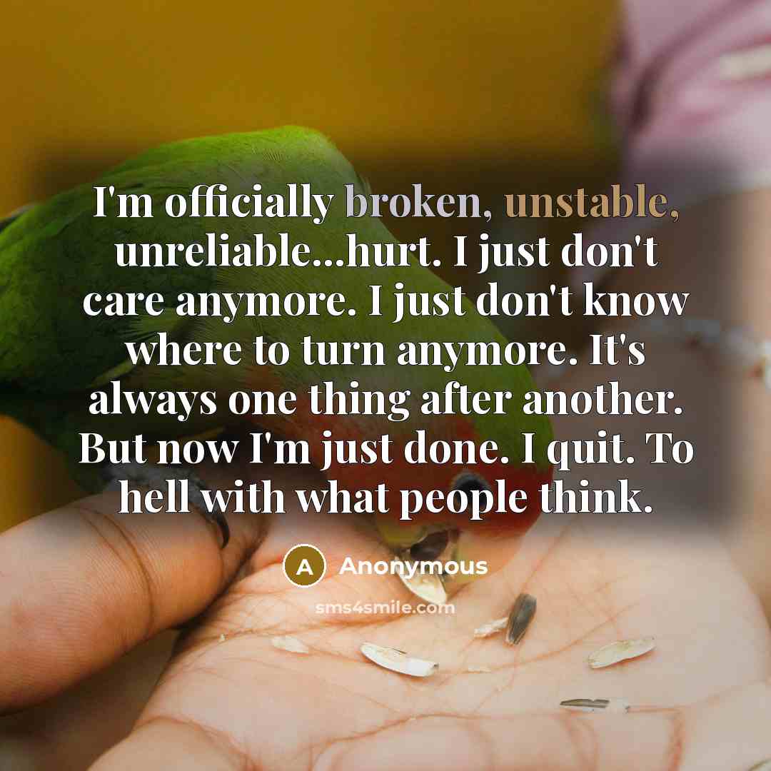 “I'm officially broken, unstable, unreliable...hurt. I just don't care anymore. I just don't know where to turn anymore. It's always one thing after another. But now I'm just done. I quit. To hell with what people think.” quote by Anonymous