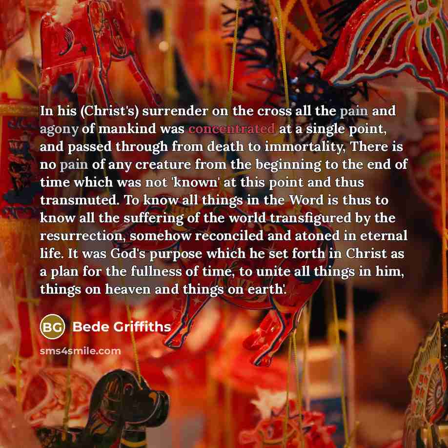 “In his (Christ's) surrender on the cross all the pain and agony of mankind was concentrated at a single point, and passed through from death to immortality, There is no pain of any creature from the beginning to the end of time which was not 'known' at this point and thus transmuted. To know all…” quote by Bede Griffiths