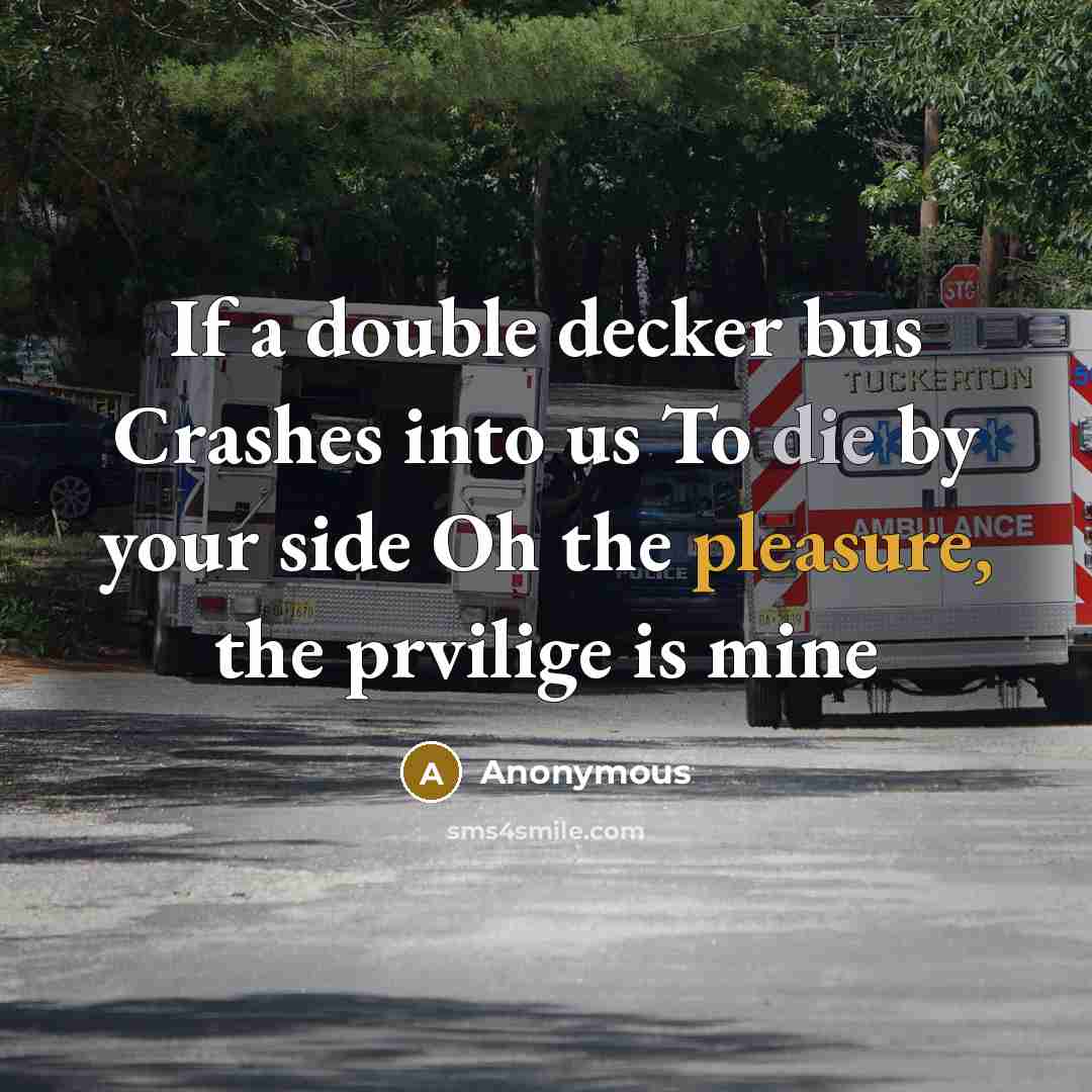 “If a double decker bus Crashes into us To die by your side Oh the pleasure, the prvilige is mine” quote by Anonymous