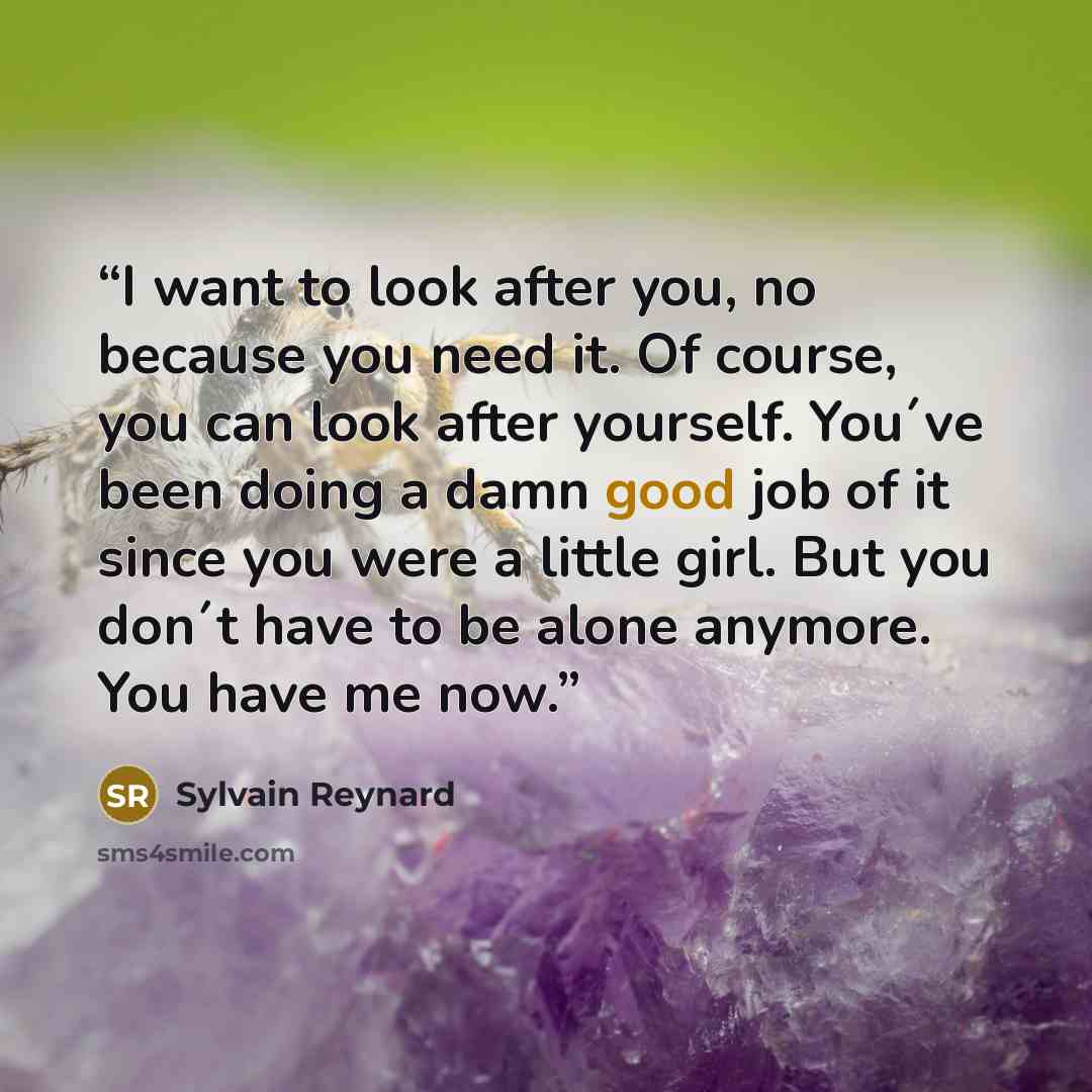 “I want to look after you, no because you need it. Of course, you can look after yourself. You´ve been doing a damn good job of it since you were a little girl. But you don´t have to be alone anymore. You have me now.” quote by Sylvain Reynard