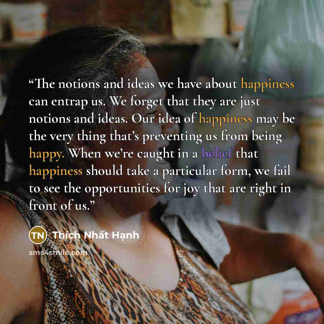 “The notions and ideas we have about happiness can entrap us. We forget that they are just notions and ideas. Our idea of happiness may be the very thing that’s preventing us from being happy. When we’re caught in a belief that happiness should take a particular form, we fail to see the…” quote by Thich Nhat Hanh