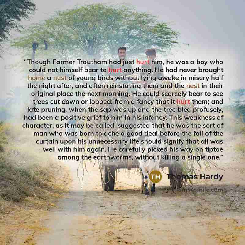“Though Farmer Troutham had just hurt him, he was a boy who could not himself bear to hurt anything. He had never brought home a nest of young birds without lying awake in misery half the night after, and often reinstating them and the nest in their original place the next morning. He could…” quote by Thomas Hardy
