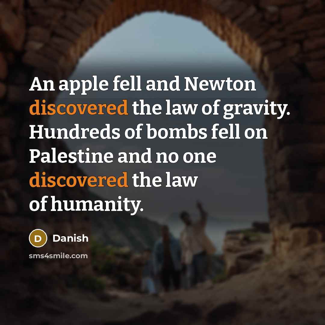 “An apple fell and Newton discovered the law of gravity. Hundreds of bombs fell on Palestine and no one discovered the law of humanity.” quote by Danish