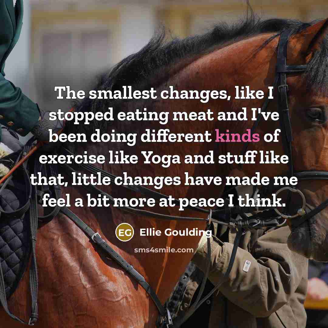 “The smallest changes, like I stopped eating meat and I've been doing different kinds of exercise like Yoga and stuff like that, little changes have made me feel a bit more at peace I think.” quote by Ellie Goulding