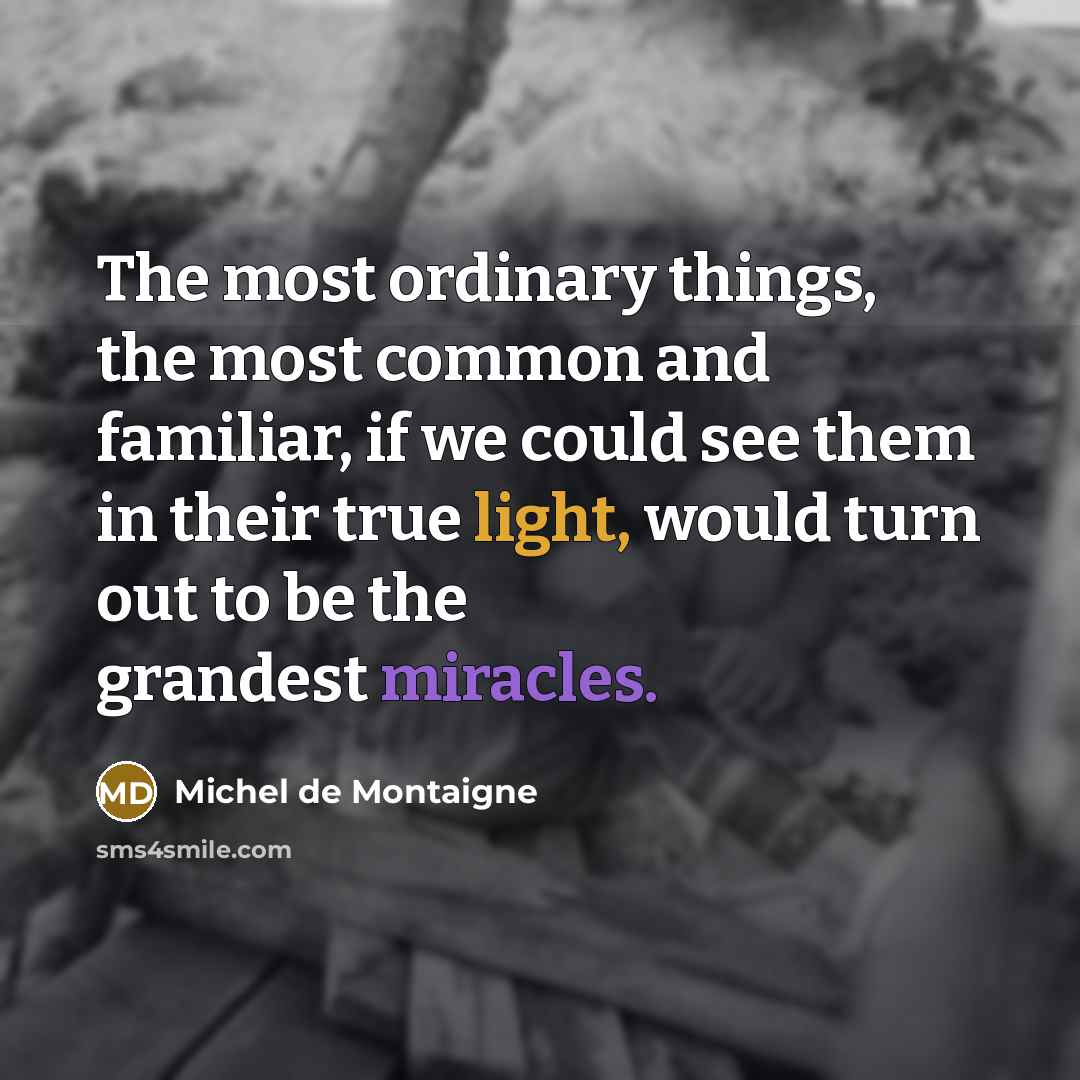 “The most ordinary things, the most common and familiar, if we could see them in their true light, would turn out to be the grandest miracles.” quote by Michel de Montaigne