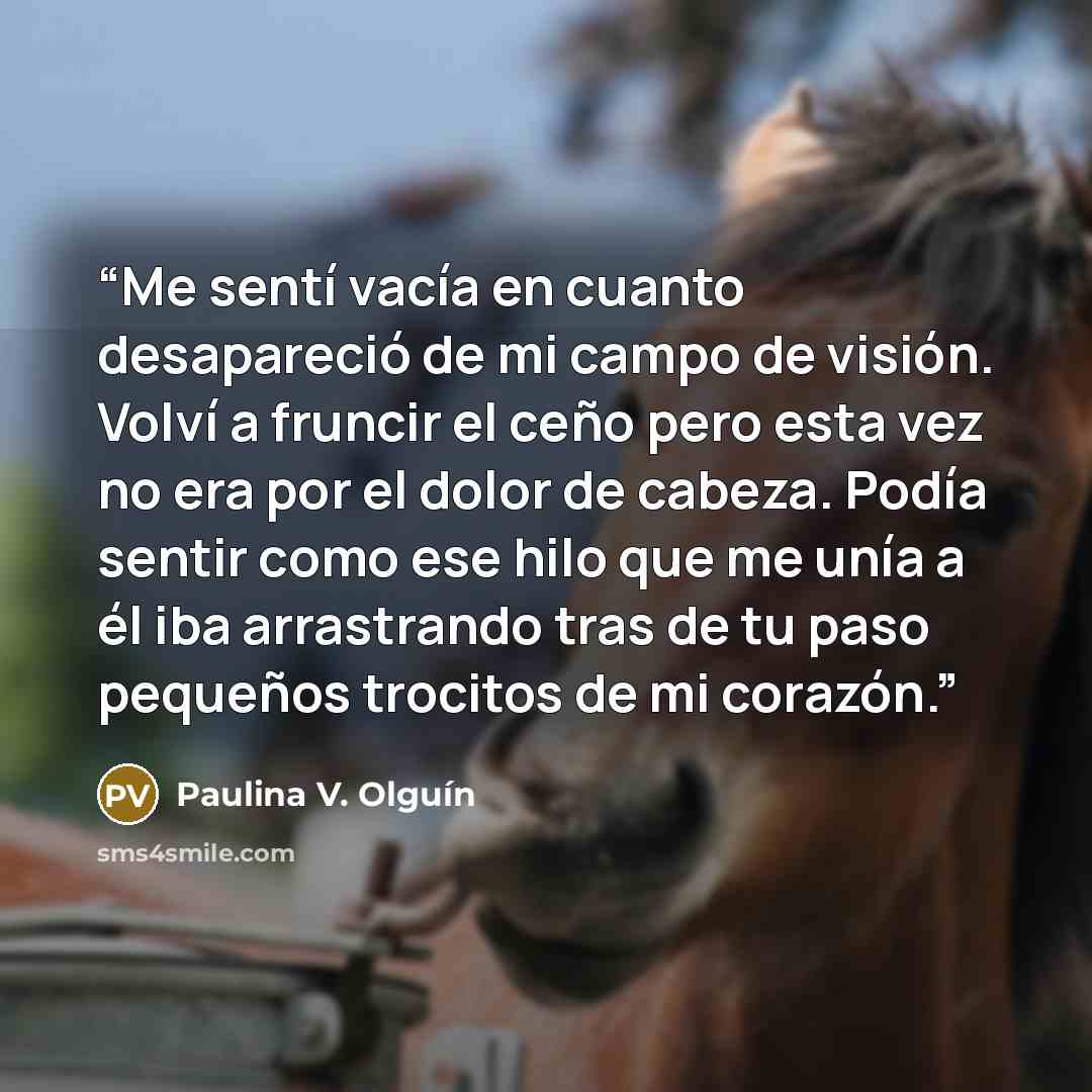 “Me sentí vacía en cuanto desapareció de mi campo de visión. Volví a fruncir el ceño pero esta vez no era por el dolor de cabeza. Podía sentir como ese hilo que me unía a él iba arrastrando tras de tu paso pequeños trocitos de mi corazón.” quote by Paulina V. Olguín