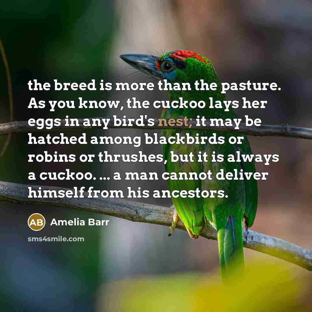 “the breed is more than the pasture. As you know, the cuckoo lays her eggs in any bird's nest; it may be hatched among blackbirds or robins or thrushes, but it is always a cuckoo. ... a man cannot deliver himself from his ancestors.” quote by Amelia Barr