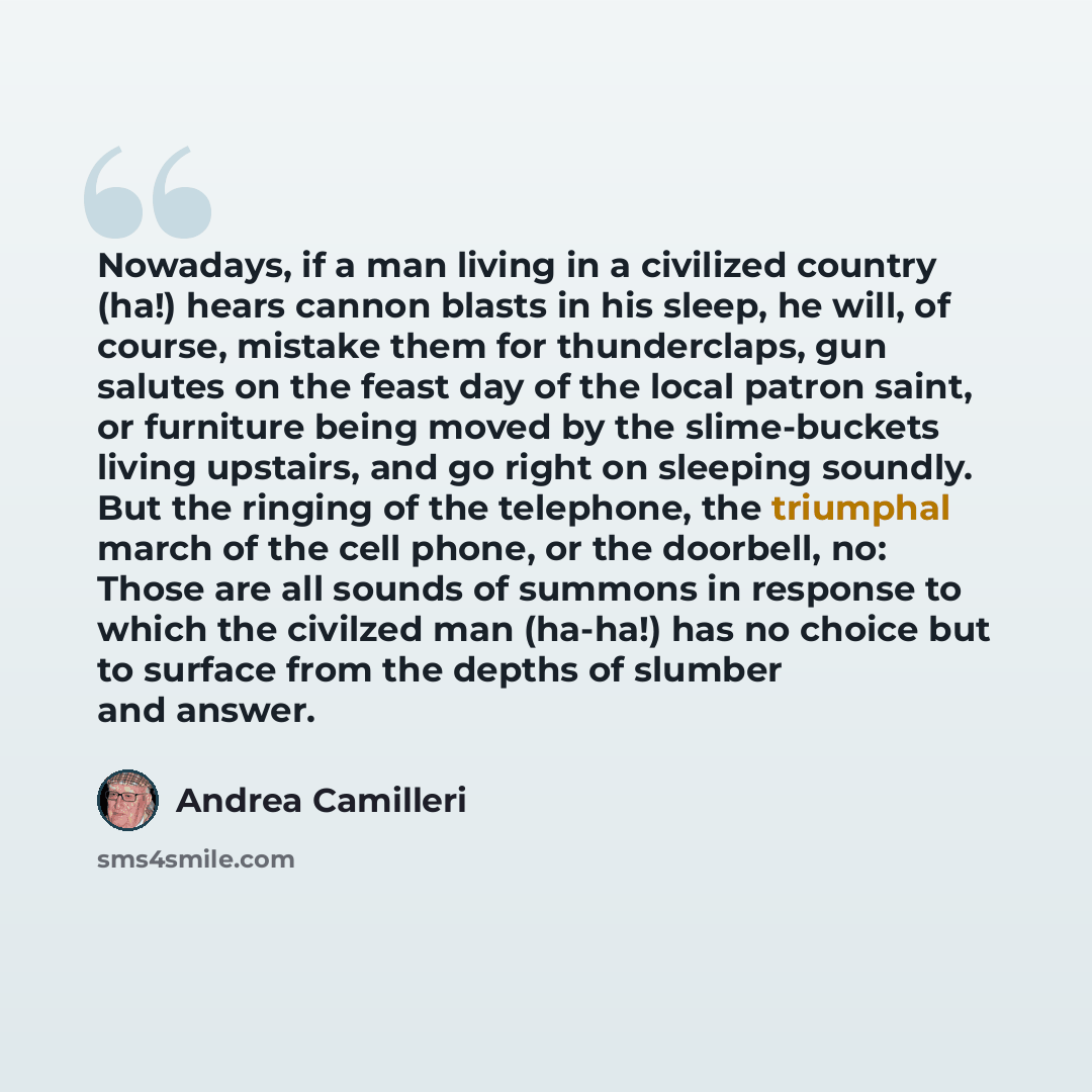 “Nowadays, if a man living in a civilized country (ha!) hears cannon blasts in his sleep, he will, of course, mistake them for thunderclaps, gun salutes on the feast day of the local patron saint, or furniture being moved by the slime-buckets living upstairs, and go right on sleeping soundly. But…” quote by Andrea Camilleri