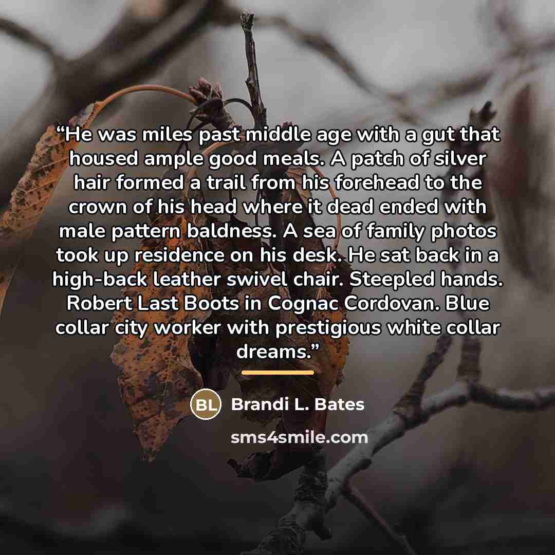 “He was miles past middle age with a gut that housed ample good meals. A patch of silver hair formed a trail from his forehead to the crown of his head where it dead ended with male pattern baldness. A sea of family photos took up residence on his desk. He sat back in a high-back leather swivel…” quote by Brandi L. Bates