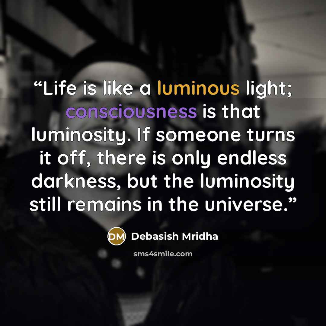 “Life is like a luminous light; consciousness is that luminosity. If someone turns it off, there is only endless darkness, but the luminosity still remains in the universe.” quote by Debasish Mridha