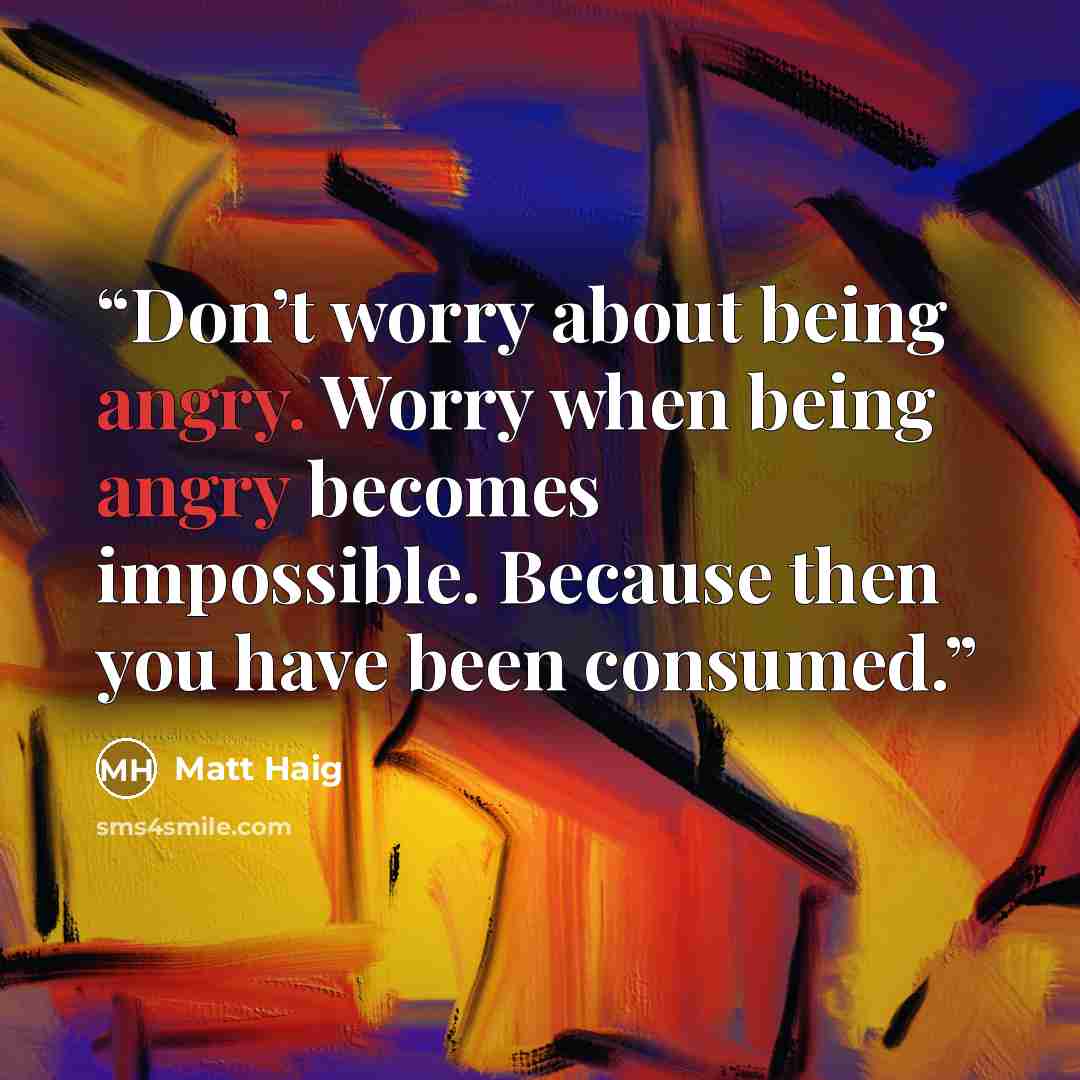 “Don’t worry about being angry. Worry when being angry becomes impossible. Because then you have been consumed.” quote by Matt Haig