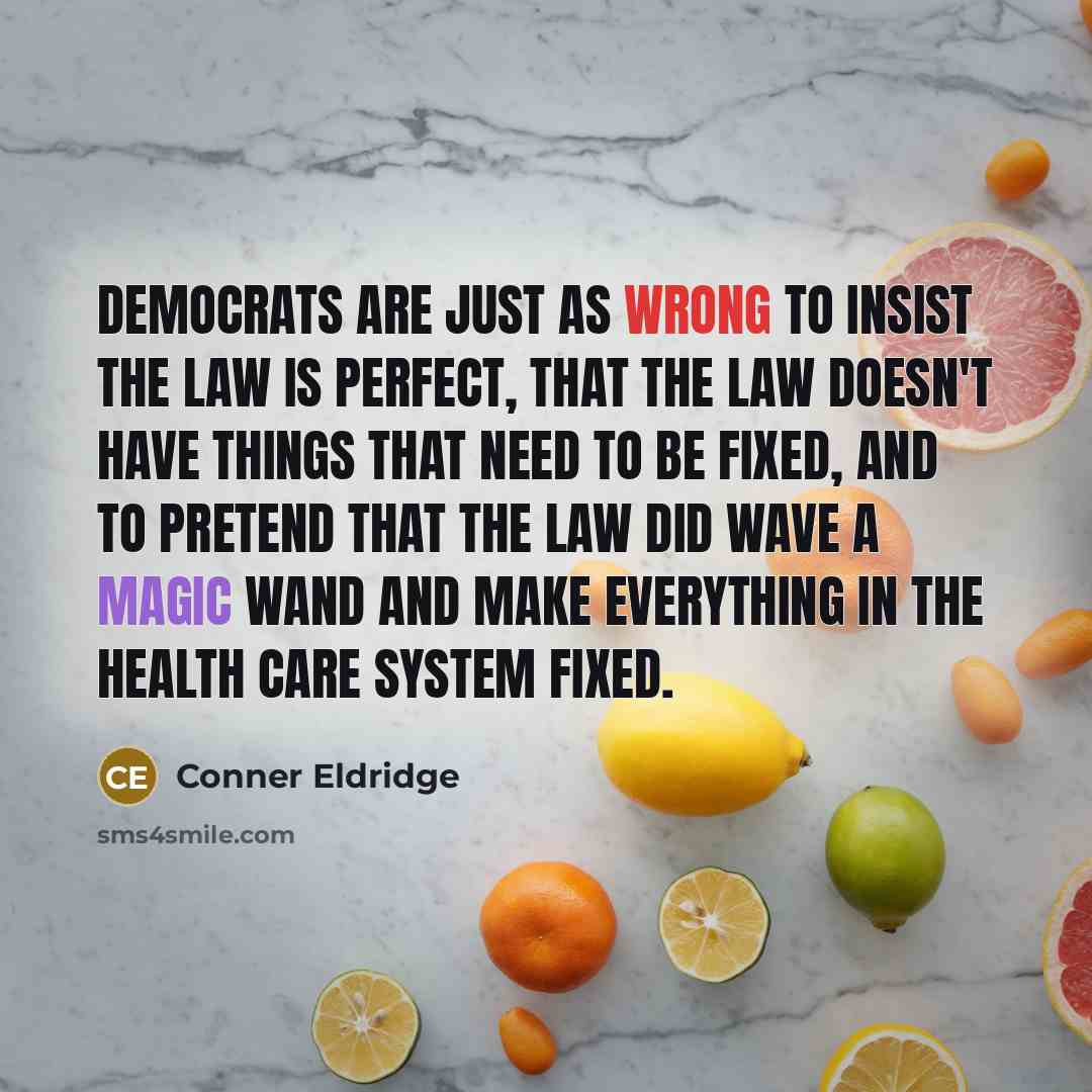“Democrats are just as wrong to insist the law is perfect, that the law doesn't have things that need to be fixed, and to pretend that the law did wave a magic wand and make everything in the health care system fixed.” quote by Conner Eldridge