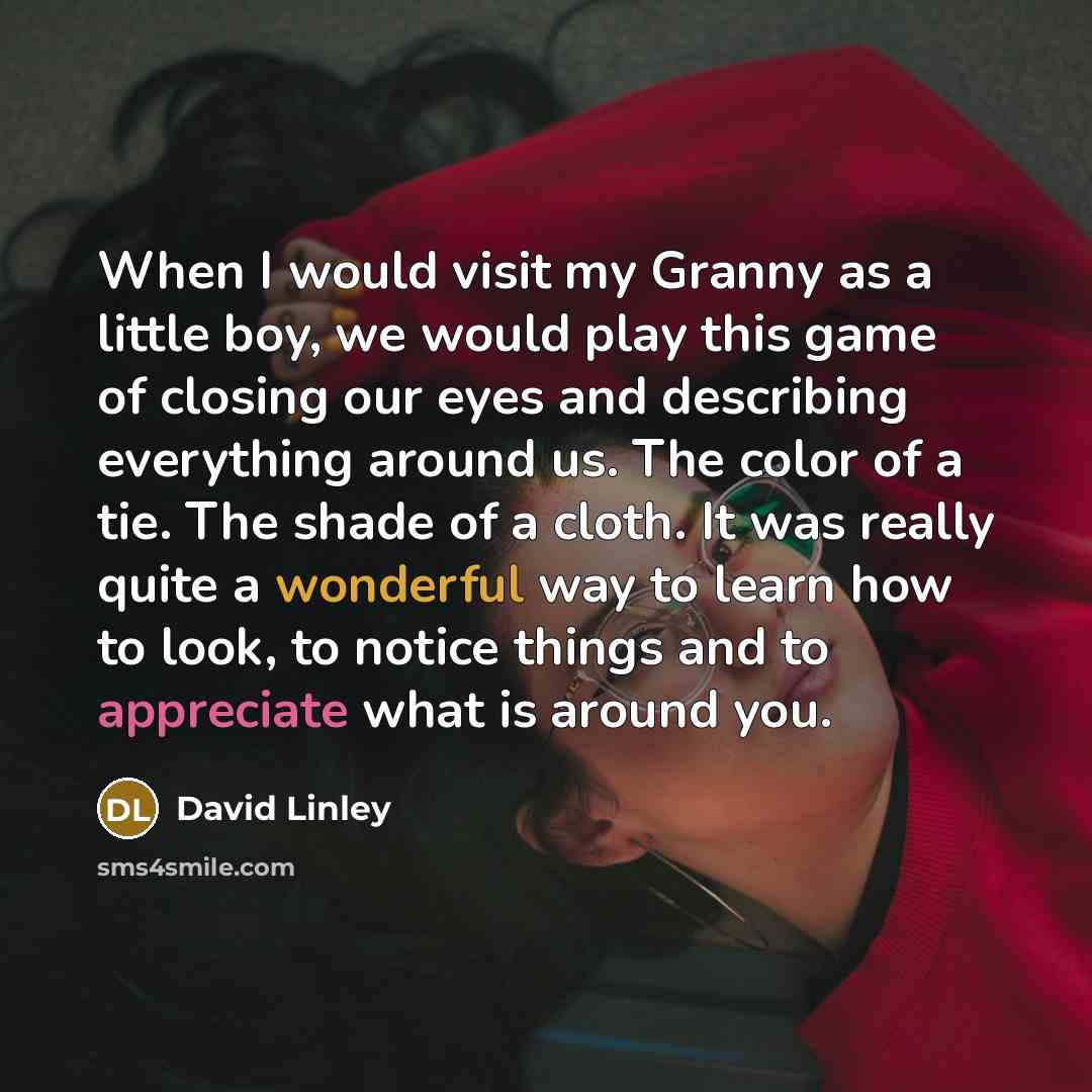 “When I would visit my Granny as a little boy, we would play this game of closing our eyes and describing everything around us. The color of a tie. The shade of a cloth. It was really quite a wonderful way to learn how to look, to notice things and to appreciate what is around you.” quote by David Linley