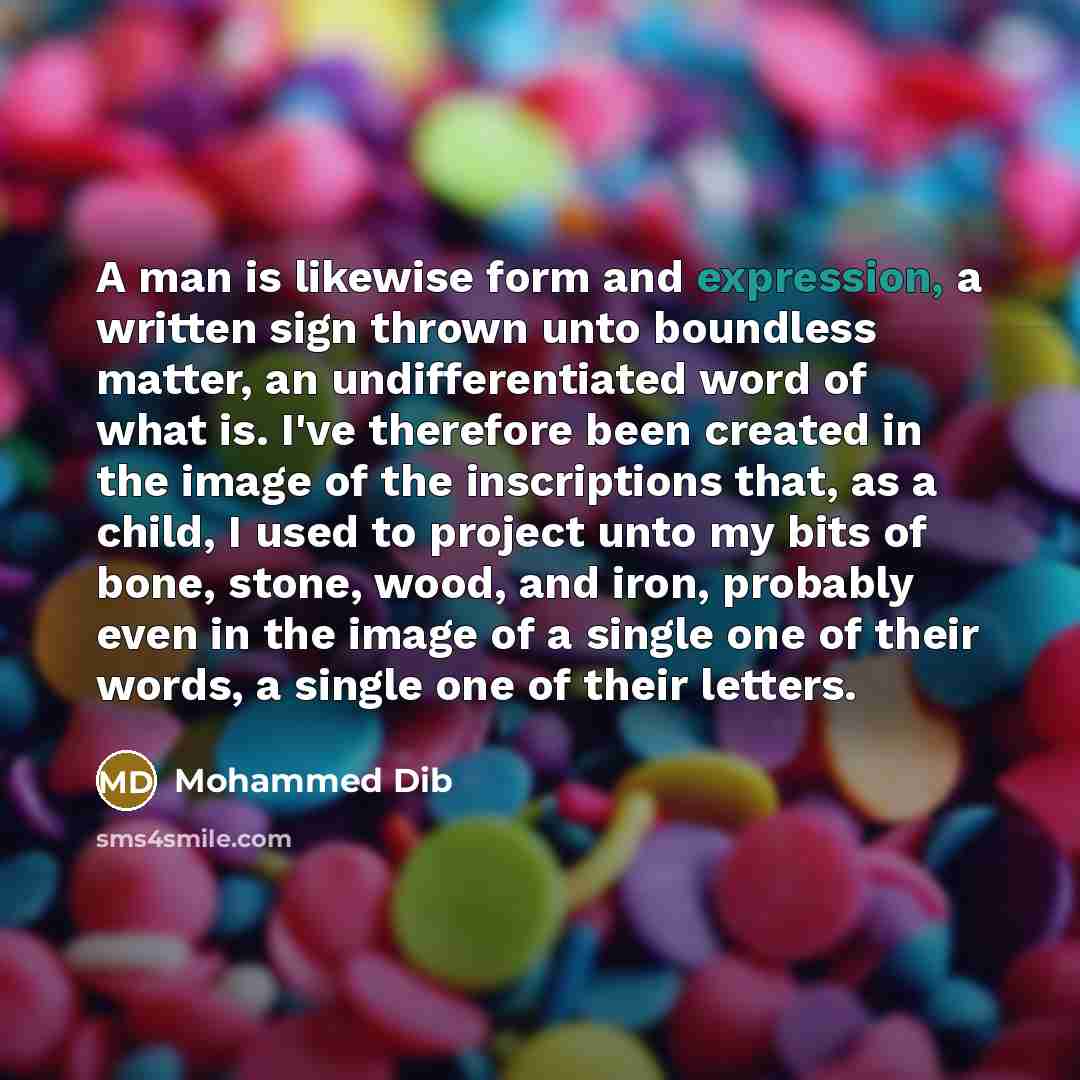 “A man is likewise form and expression, a written sign thrown unto boundless matter, an undifferentiated word of what is. I've therefore been created in the image of the inscriptions that, as a child, I used to project unto my bits of bone, stone, wood, and iron, probably even in the image of a…” quote by Mohammed Dib