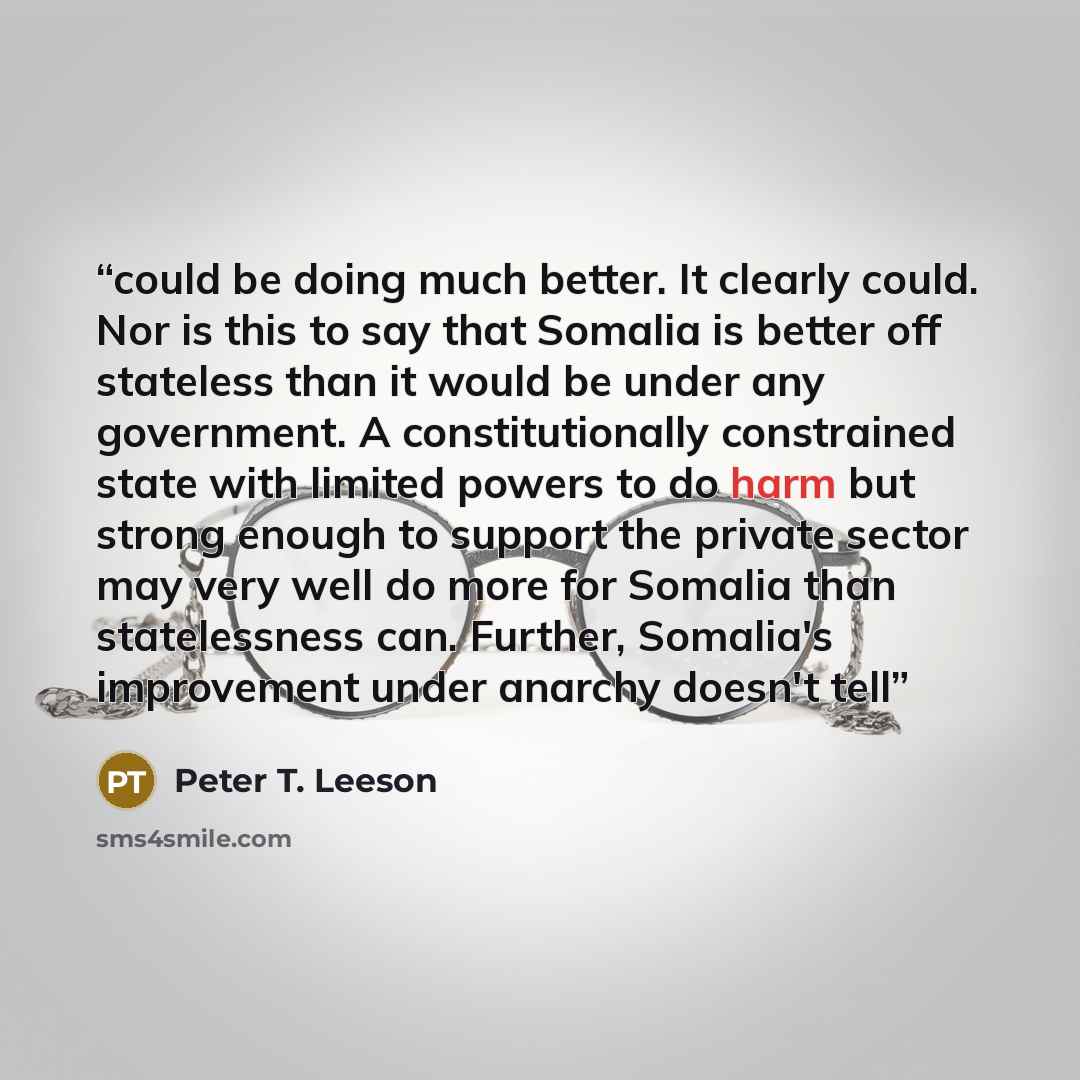 “could be doing much better. It clearly could. Nor is this to say that Somalia is better off stateless than it would be under any government. A constitutionally constrained state with limited powers to do harm but strong enough to support the private sector may very well do more for Somalia than…” quote by Peter T. Leeson