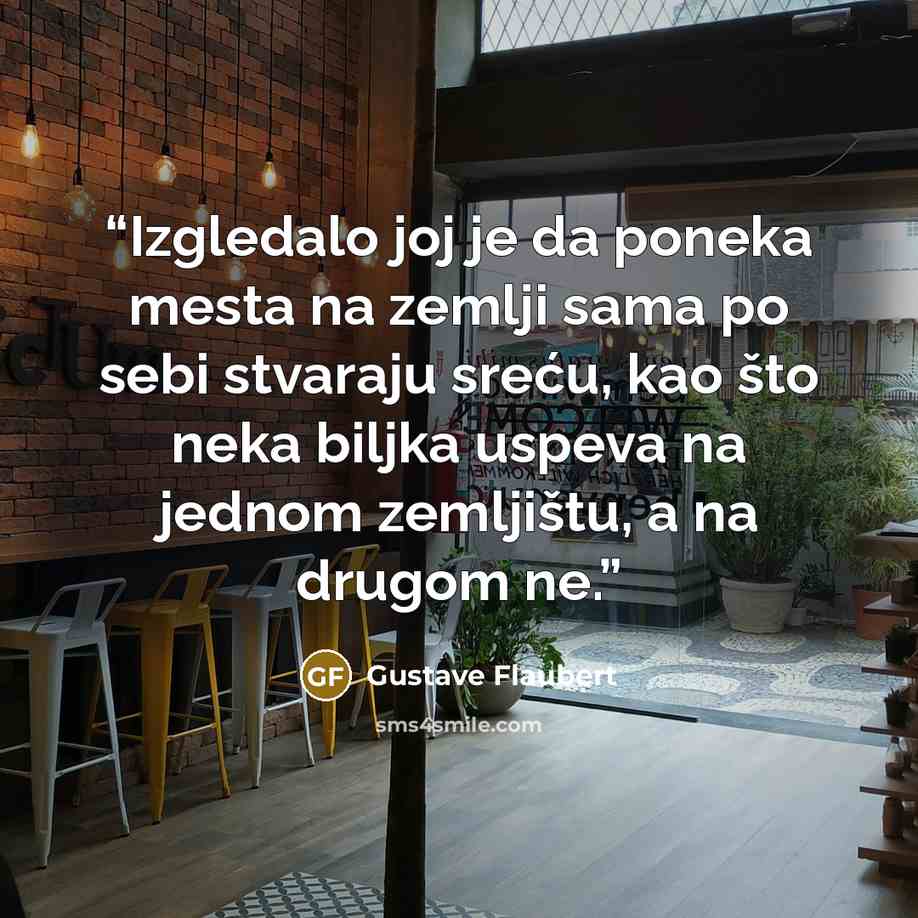“Izgledalo joj je da poneka mesta na zemlji sama po sebi stvaraju sreću, kao što neka biljka uspeva na jednom zemljištu, a na drugom ne.” quote by Gustave Flaubert