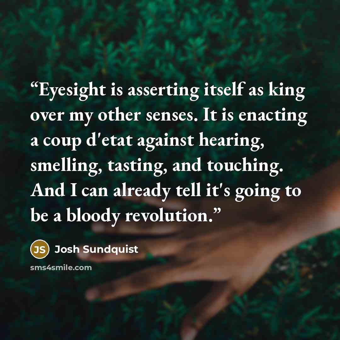 “Eyesight is asserting itself as king over my other senses. It is enacting a coup d'etat against hearing, smelling, tasting, and touching. And I can already tell it's going to be a bloody revolution.” quote by Josh Sundquist