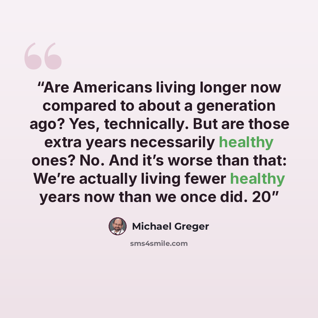 “Are Americans living longer now compared to about a generation ago? Yes, technically. But are those extra years necessarily healthy ones? No. And it’s worse than that: We’re actually living fewer healthy years now than we once did. 20” quote by Michael Greger