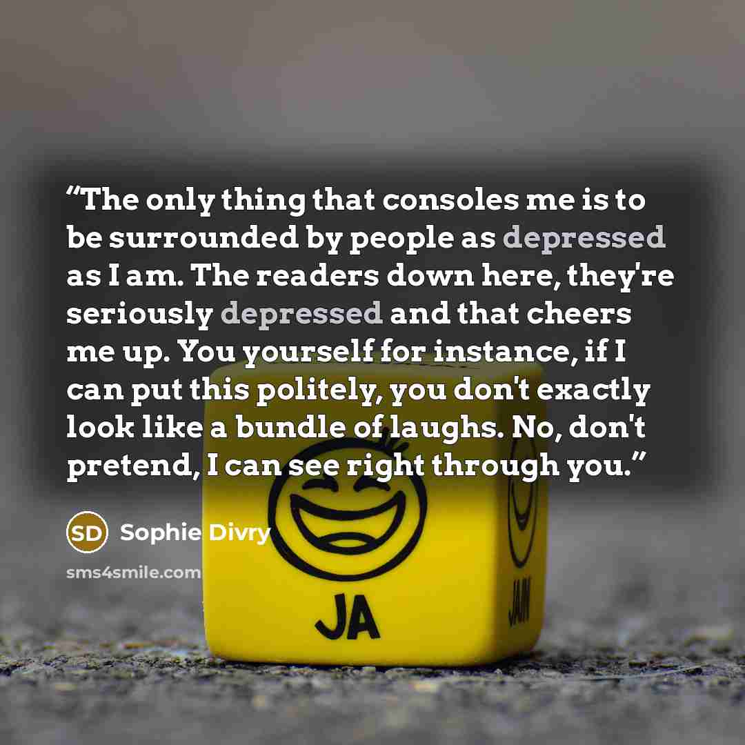 “The only thing that consoles me is to be surrounded by people as depressed as I am. The readers down here, they're seriously depressed and that cheers me up. You yourself for instance, if I can put this politely, you don't exactly look like a bundle of laughs. No, don't pretend, I can see right…” quote by Sophie Divry