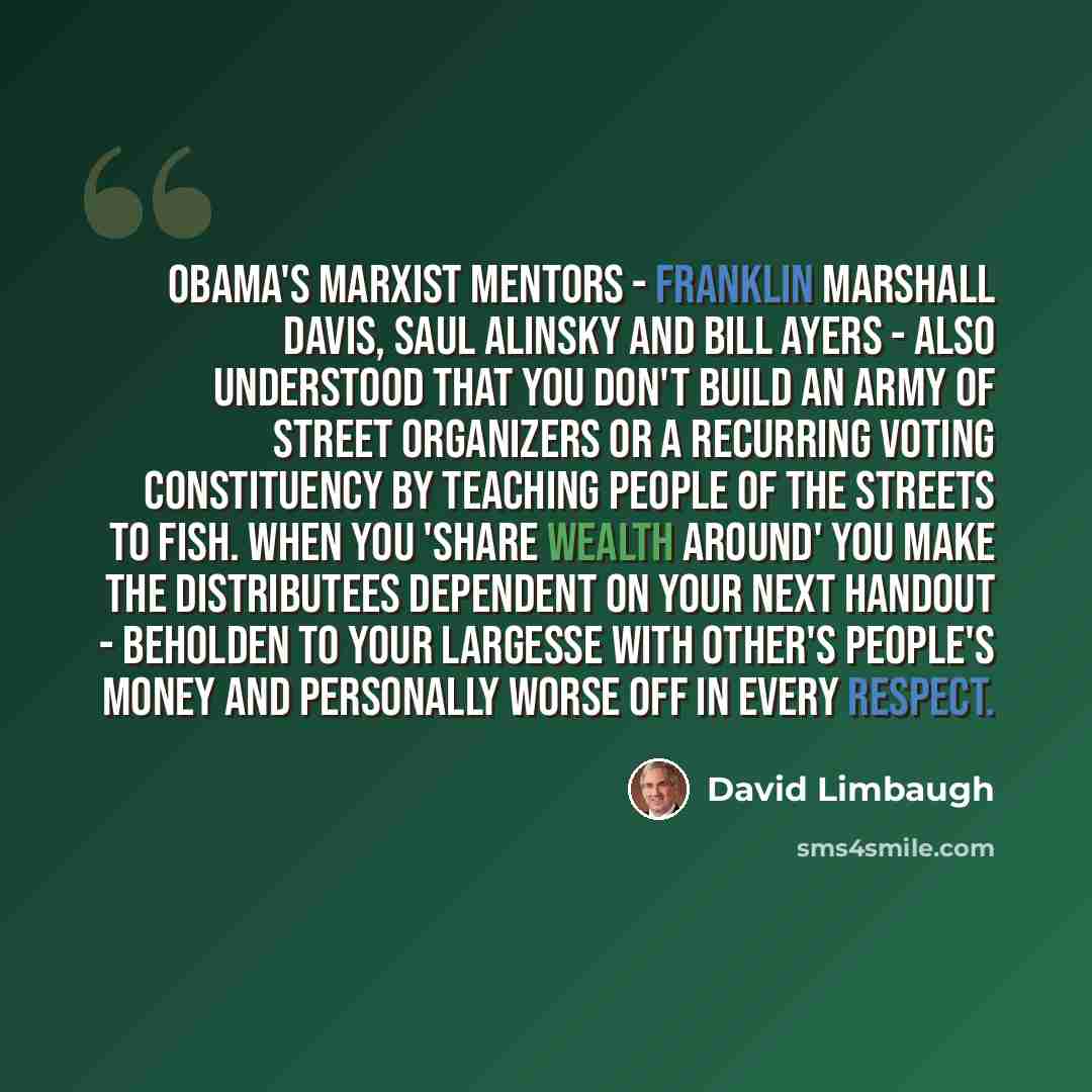 “Obama's Marxist mentors - Franklin Marshall Davis, Saul Alinsky and Bill Ayers - also understood that you don't build an army of street organizers or a recurring voting constituency by teaching people of the streets to fish. When you 'share wealth around' you make the distributees dependent on…” quote by David Limbaugh