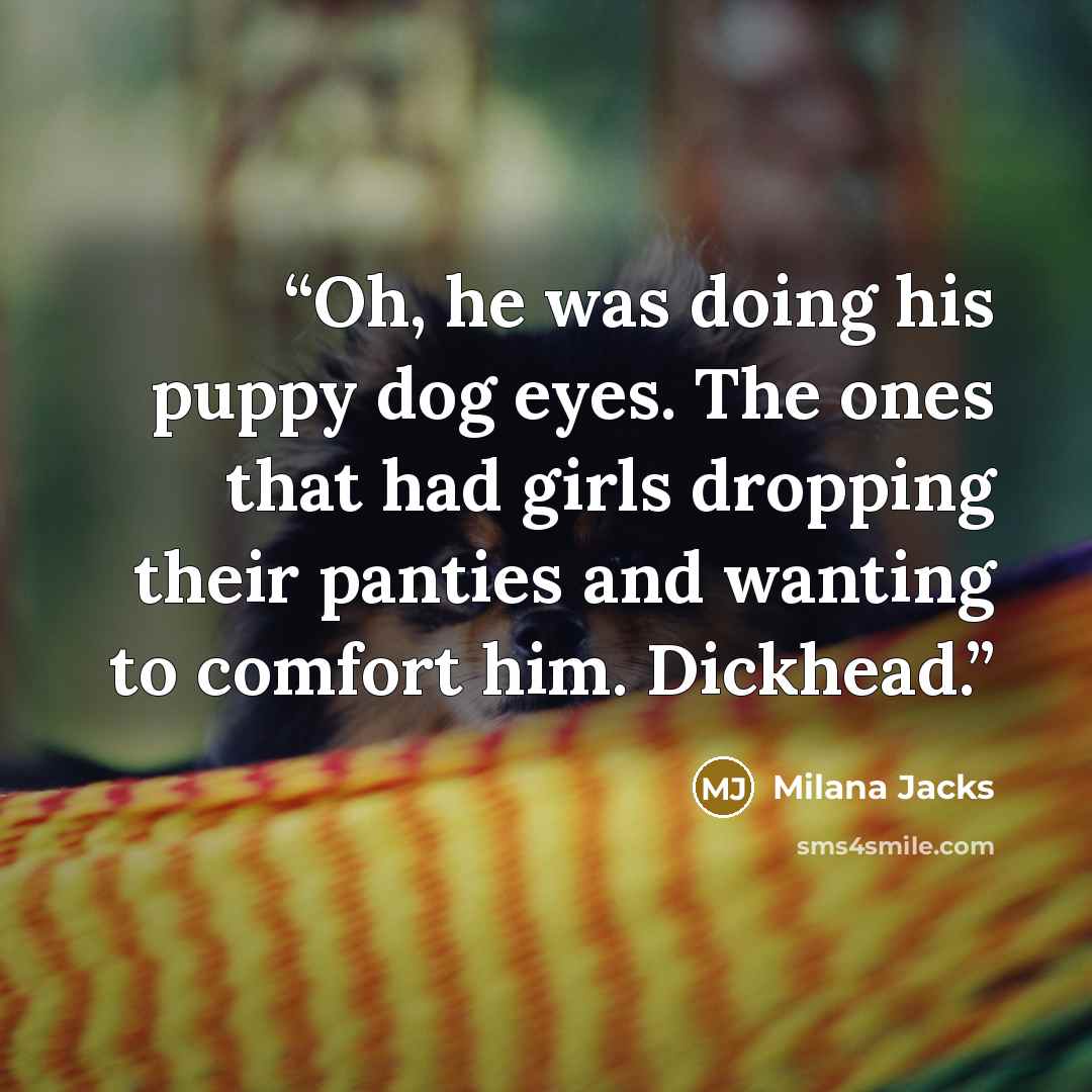 “Oh, he was doing his puppy dog eyes. The ones that had girls dropping their panties and wanting to comfort him. Dickhead.” quote by Milana Jacks