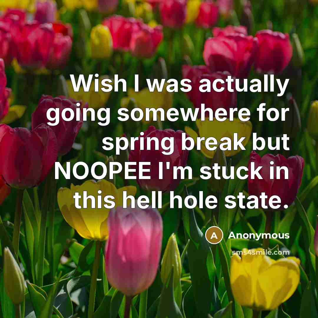 “Wish I was actually going somewhere for spring break but NOOPEE I'm stuck in this hell hole state.” quote by Anonymous
