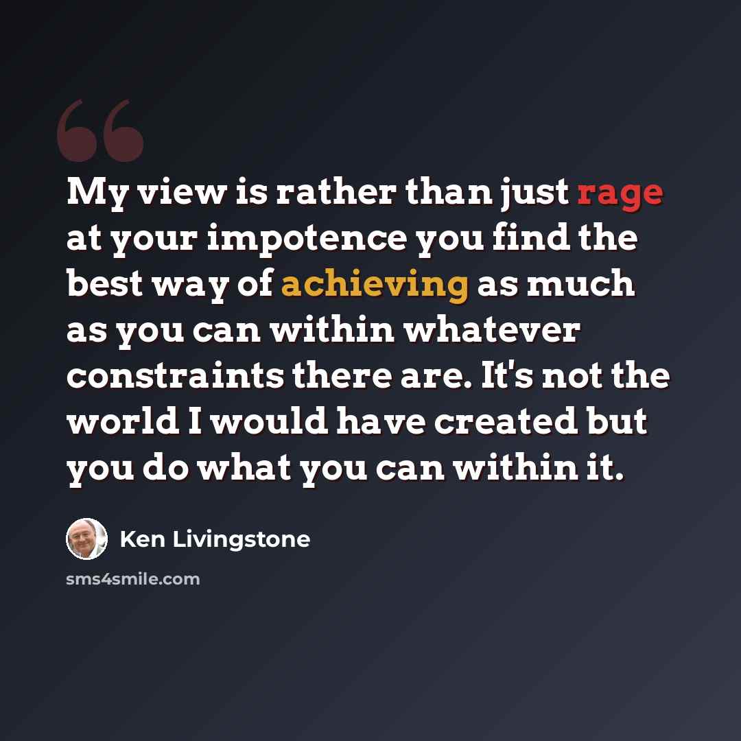 “My view is rather than just rage at your impotence you find the best way of achieving as much as you can within whatever constraints there are. It's not the world I would have created but you do what you can within it.” quote by Ken Livingstone