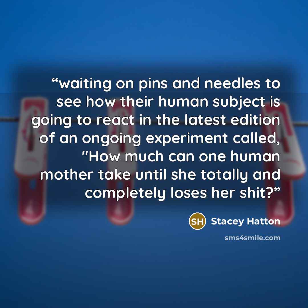 “waiting on pins and needles to see how their human subject is going to react in the latest edition of an ongoing experiment called, "How much can one human mother take until she totally and completely loses her shit?” quote by Stacey Hatton