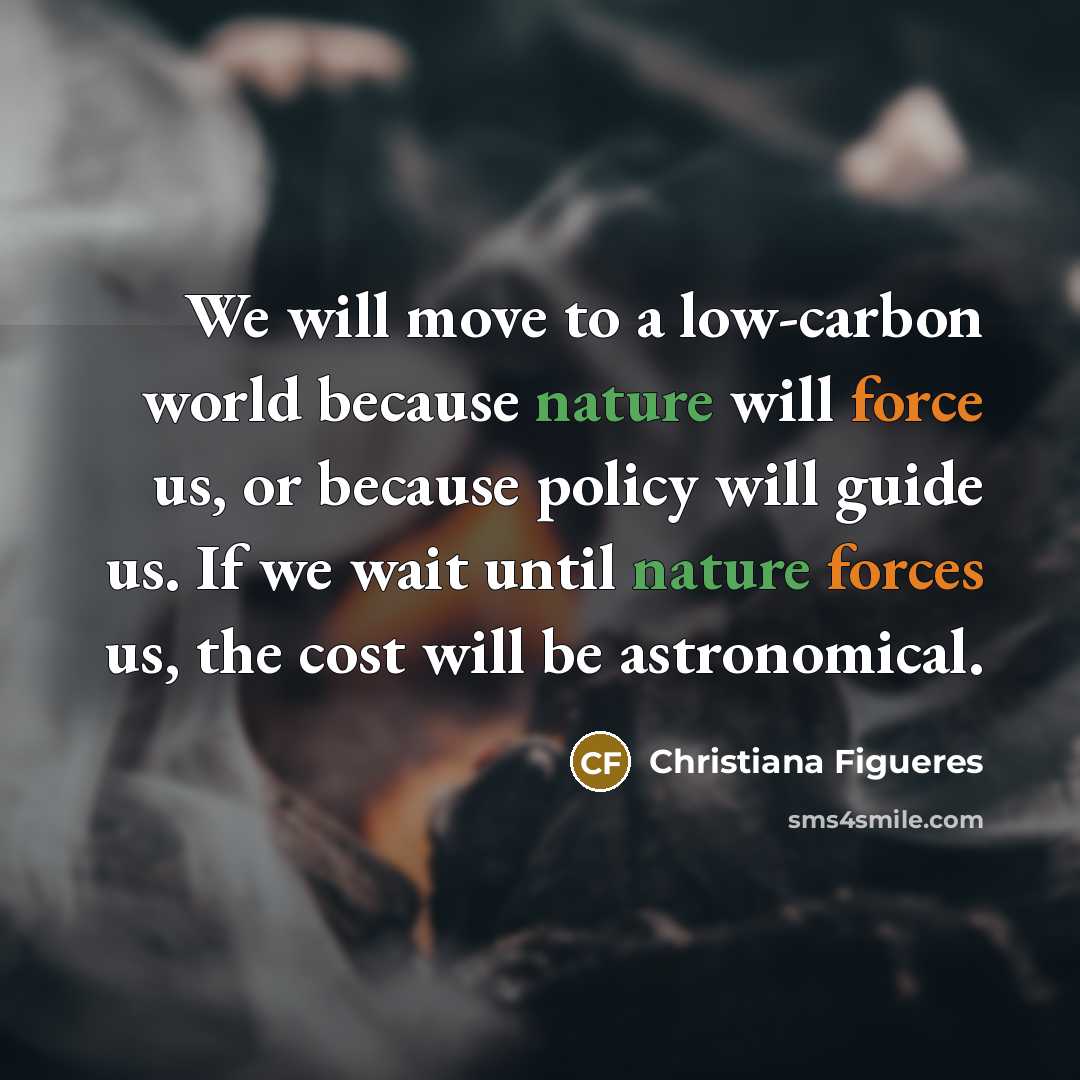 “We will move to a low-carbon world because nature will force us, or because policy will guide us. If we wait until nature forces us, the cost will be astronomical.” quote by Christiana Figueres