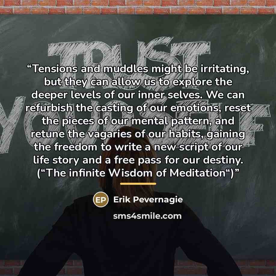 “Tensions and muddles might be irritating, but they can allow us to explore the deeper levels of our inner selves. We can refurbish the casting of our emotions, reset the pieces of our mental pattern, and retune the vagaries of our habits, gaining the freedom to write a new script of our life story…” quote by Erik Pevernagie
