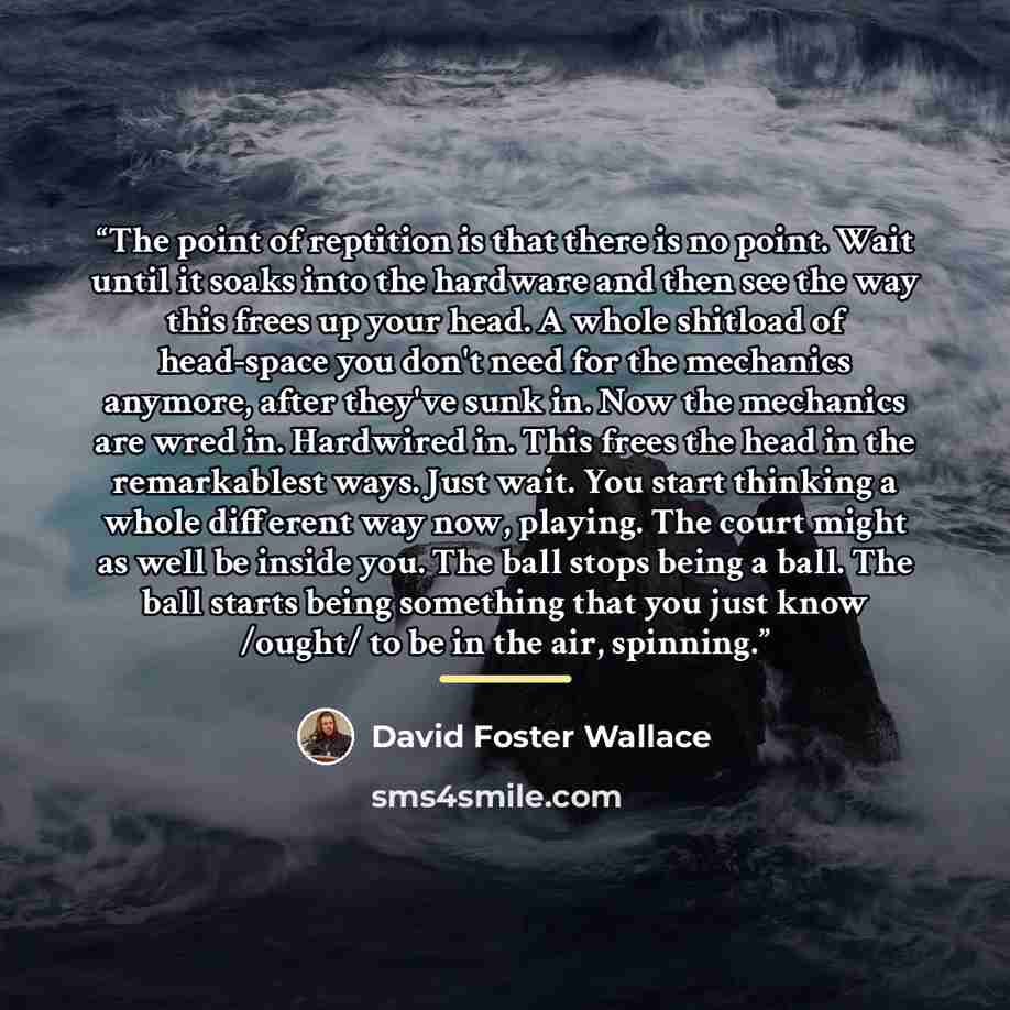 “The point of reptition is that there is no point. Wait until it soaks into the hardware and then see the way this frees up your head. A whole shitload of head-space you don't need for the mechanics anymore, after they've sunk in. Now the mechanics are wred in. Hardwired in. This frees the head in…” quote by David Foster Wallace