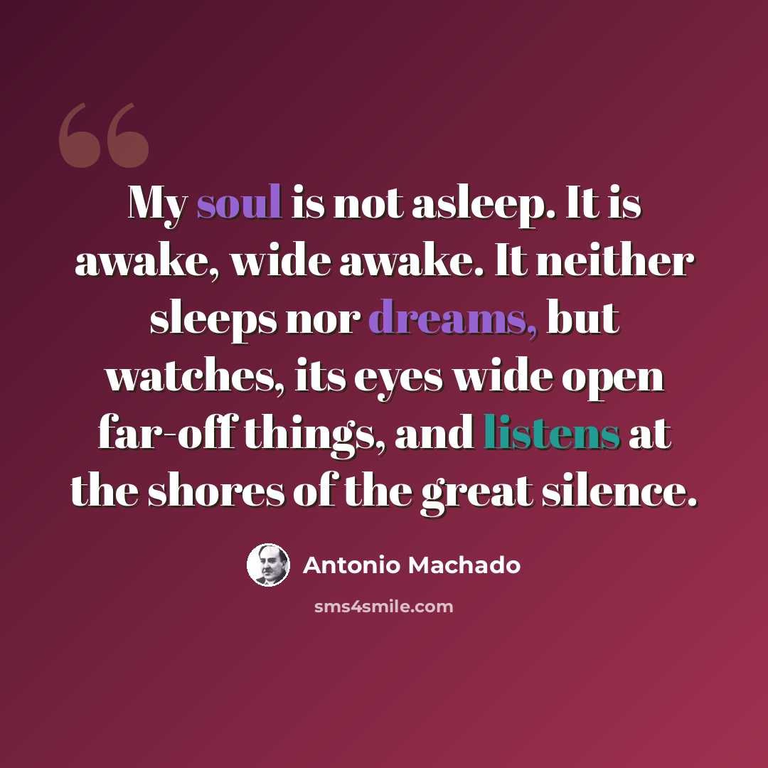 “My soul is not asleep. It is awake, wide awake. It neither sleeps nor dreams, but watches, its eyes wide open far-off things, and listens at the shores of the great silence.” quote by Antonio Machado