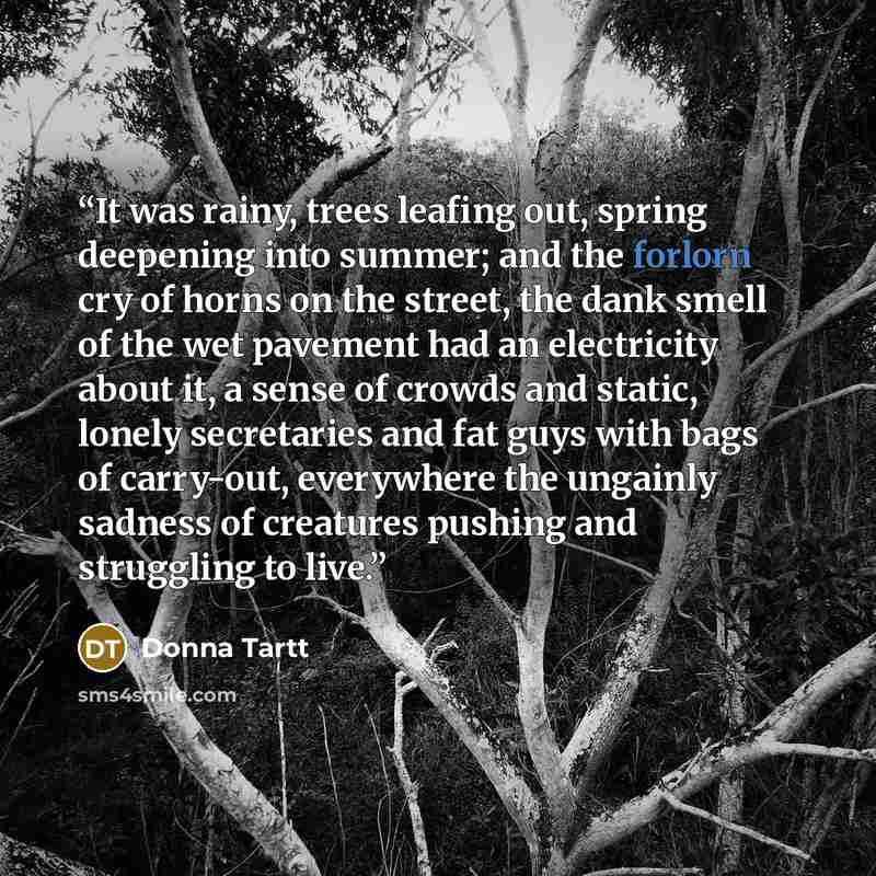“It was rainy, trees leafing out, spring deepening into summer; and the forlorn cry of horns on the street, the dank smell of the wet pavement had an electricity about it, a sense of crowds and static, lonely secretaries and fat guys with bags of carry-out, everywhere the ungainly sadness of…” quote by Donna Tartt