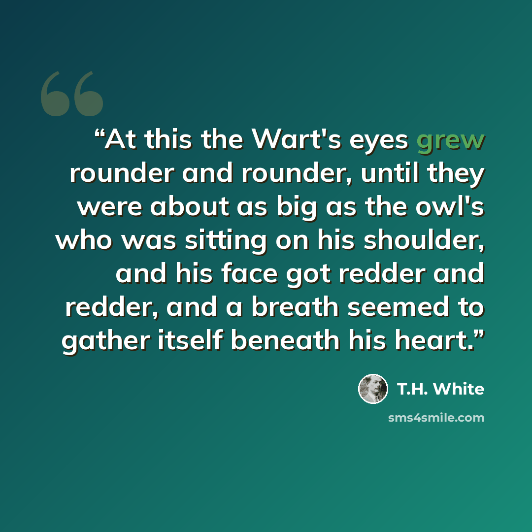 “At this the Wart's eyes grew rounder and rounder, until they were about as big as the owl's who was sitting on his shoulder, and his face got redder and redder, and a breath seemed to gather itself beneath his heart.” quote by T.H. White