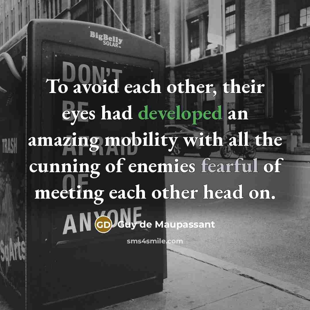 “To avoid each other, their eyes had developed an amazing mobility with all the cunning of enemies fearful of meeting each other head on.” quote by Guy de Maupassant