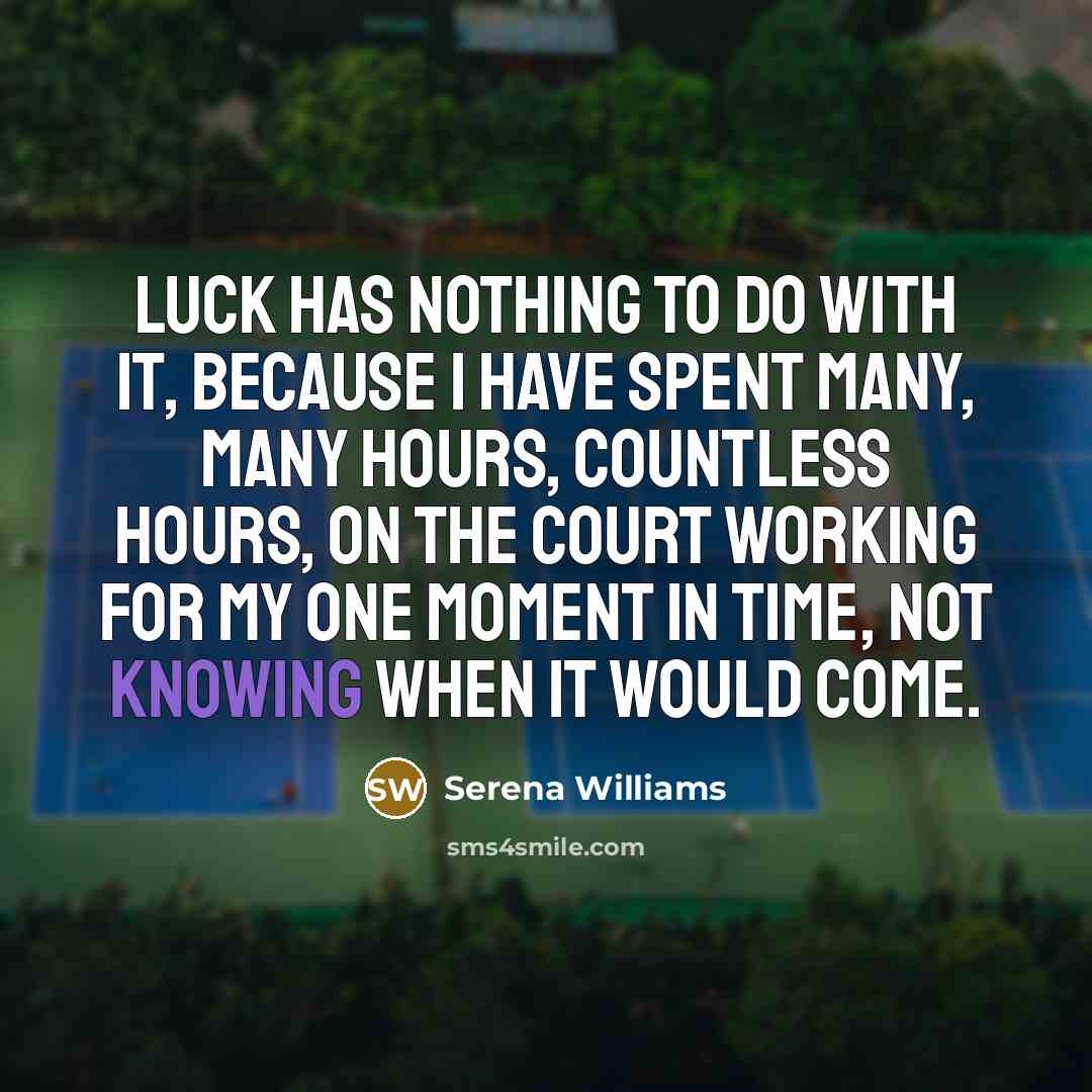“Luck has nothing to do with it, because I have spent many, many hours, countless hours, on the court working for my one moment in time, not knowing when it would come.” quote by Serena Williams