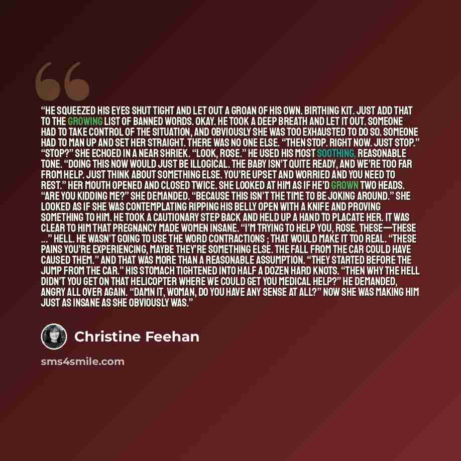 “He squeezed his eyes shut tight and let out a groan of his own. Birthing kit. Just add that to the growing list of banned words. Okay. He took a deep breath and let it out. Someone had to take control of the situation, and obviously she was too exhausted to do so. Someone had to man up and set her…” quote by Christine Feehan
