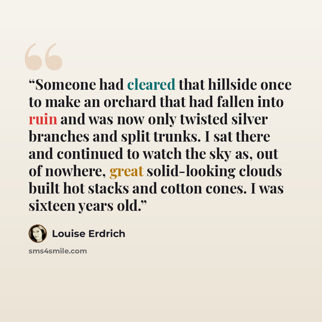 “Someone had cleared that hillside once to make an orchard that had fallen into ruin and was now only twisted silver branches and split trunks. I sat there and continued to watch the sky as, out of nowhere, great solid-looking clouds built hot stacks and cotton cones. I was sixteen years old.” quote by Louise Erdrich