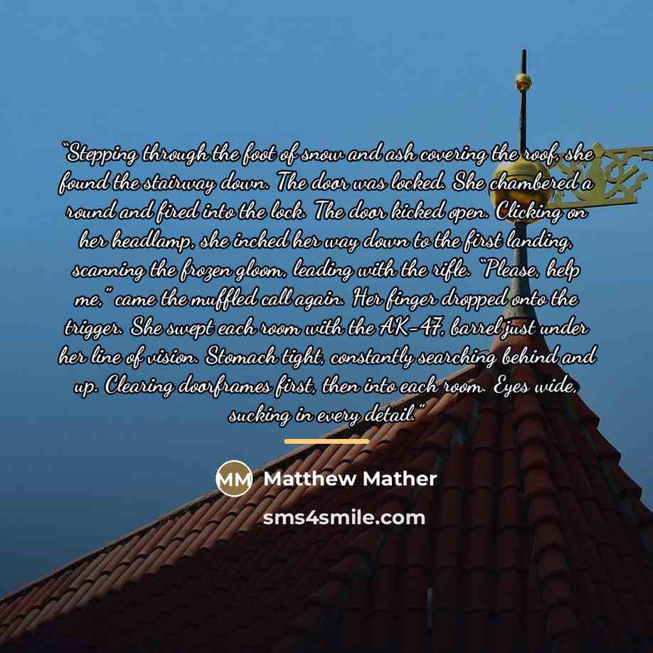 “Stepping through the foot of snow and ash covering the roof, she found the stairway down. The door was locked. She chambered a round and fired into the lock. The door kicked open. Clicking on her headlamp, she inched her way down to the first landing, scanning the frozen gloom, leading with the…” quote by Matthew Mather