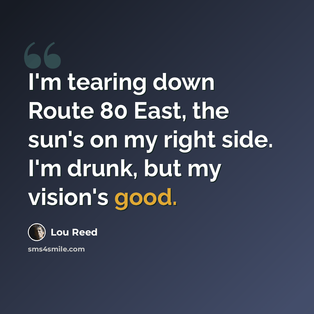 “I'm tearing down Route 80 East, the sun's on my right side. I'm drunk, but my vision's good.” quote by Lou Reed