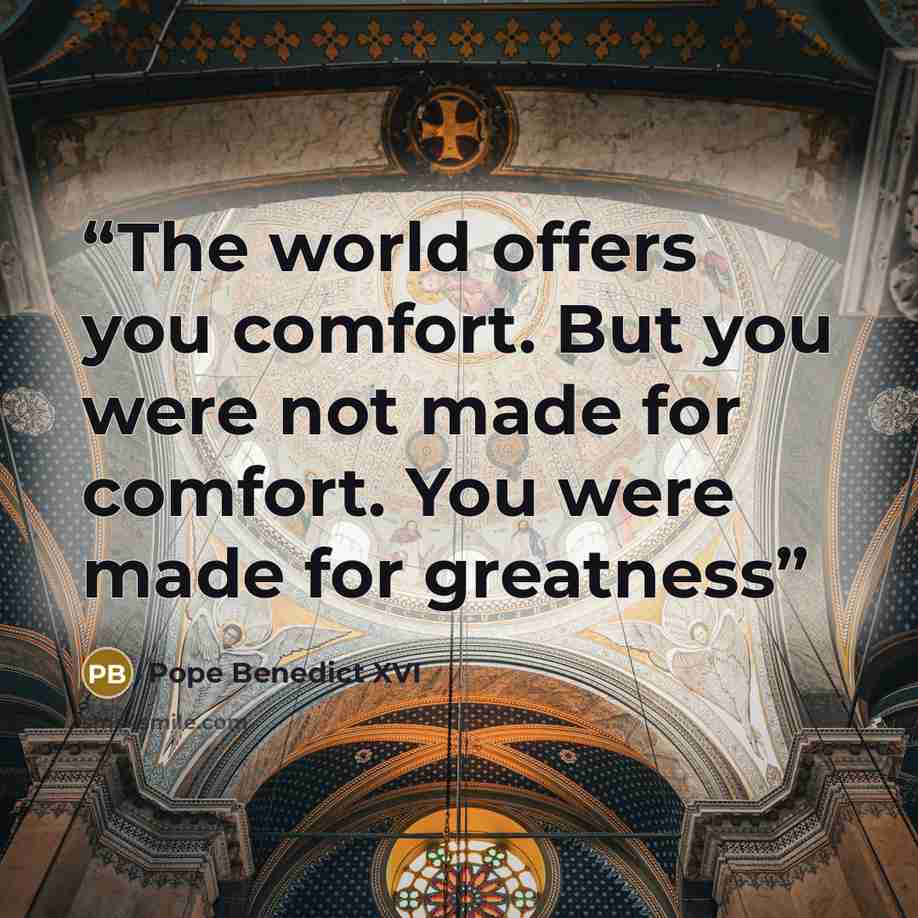 “The world offers you comfort. But you were not made for comfort. You were made for greatness” quote by Pope Benedict XVI