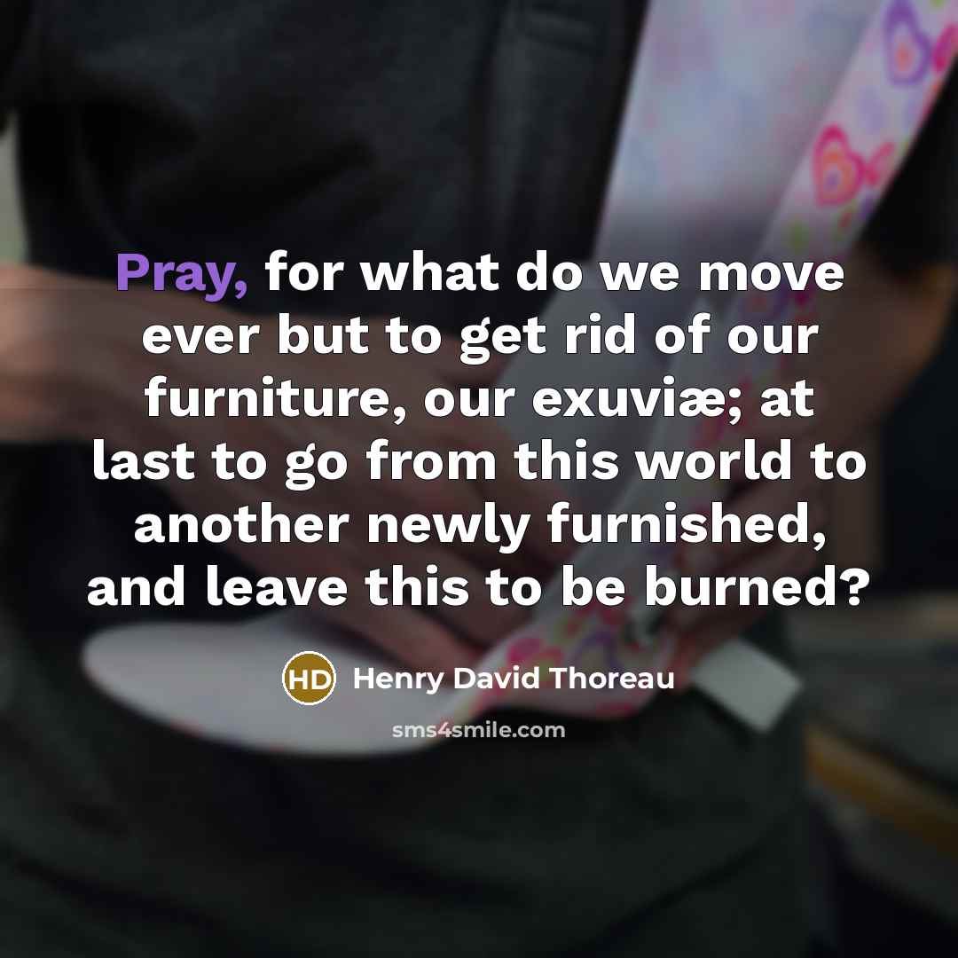 “Pray, for what do we move ever but to get rid of our furniture, our exuviæ; at last to go from this world to another newly furnished, and leave this to be burned?” quote by Henry David Thoreau