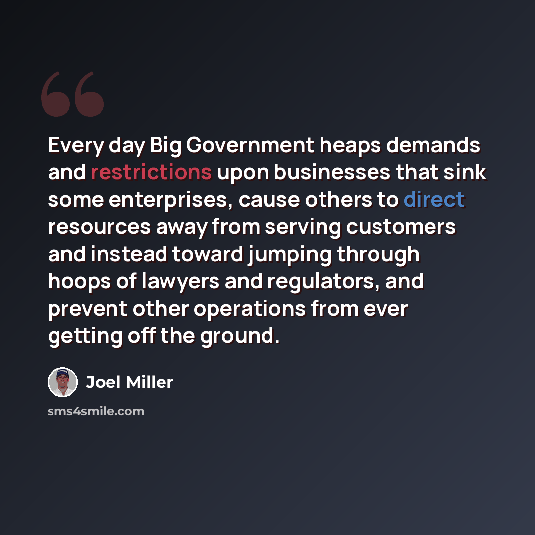 “Every day Big Government heaps demands and restrictions upon businesses that sink some enterprises, cause others to direct resources away from serving customers and instead toward jumping through hoops of lawyers and regulators, and prevent other operations from ever getting off the ground.” quote by Joel Miller