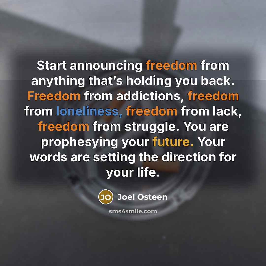 “Start announcing freedom from anything that’s holding you back. Freedom from addictions, freedom from loneliness, freedom from lack, freedom from struggle. You are prophesying your future. Your words are setting the direction for your life.” quote by Joel Osteen