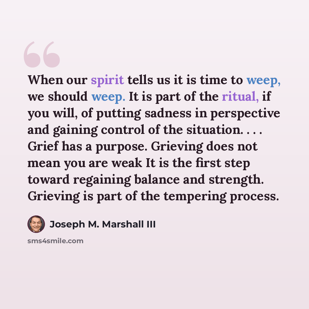 “When our spirit tells us it is time to weep, we should weep. It is part of the ritual, if you will, of putting sadness in perspective and gaining control of the situation. . . . Grief has a purpose. Grieving does not mean you are weak It is the first step toward regaining balance and strength…” quote by Joseph M. Marshall III