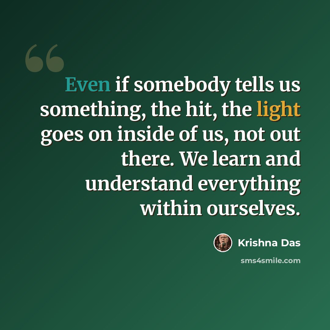 “Even if somebody tells us something, the hit, the light goes on inside of us, not out there. We learn and understand everything within ourselves.” quote by Krishna Das